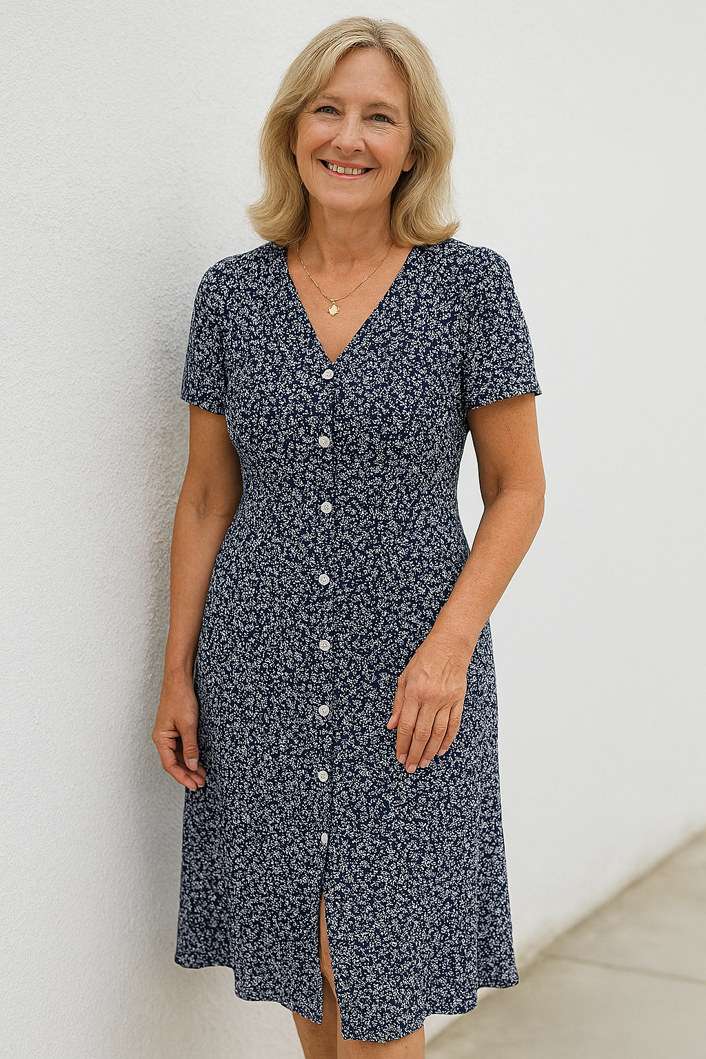 Rayella - Vestido Midi Con Cuello En V y Botones