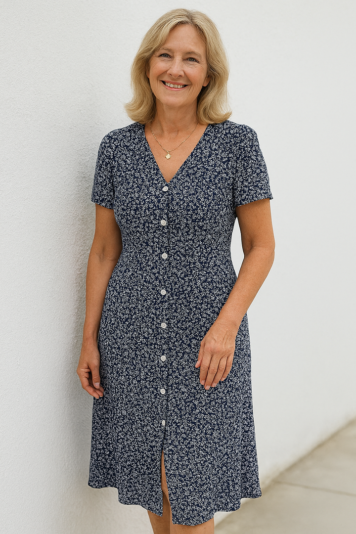 Rayella - Vestido Midi Con Cuello En V y Botones