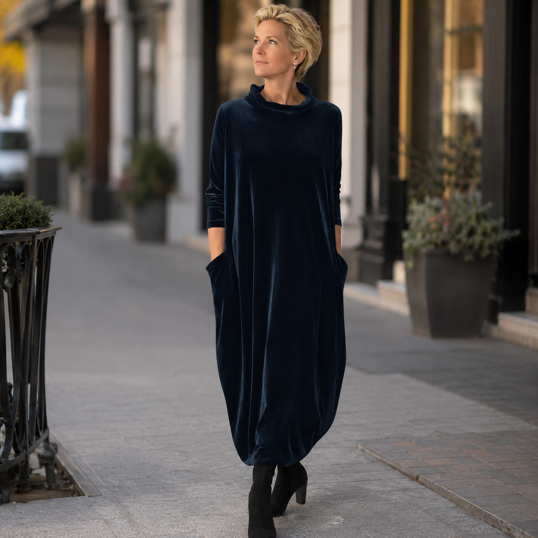 Lellina - Vestido Largo Holgado De Terciopelo Con Cuello Alto