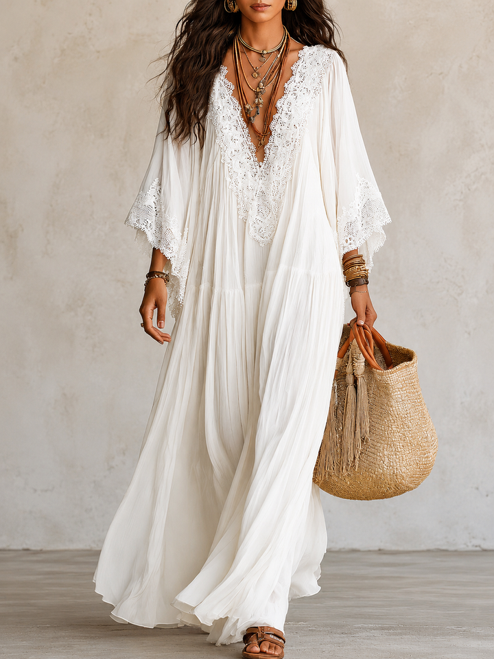 Shimmila - Vestido Largo De Gasa Con Mangas De Murciélago y Encaje