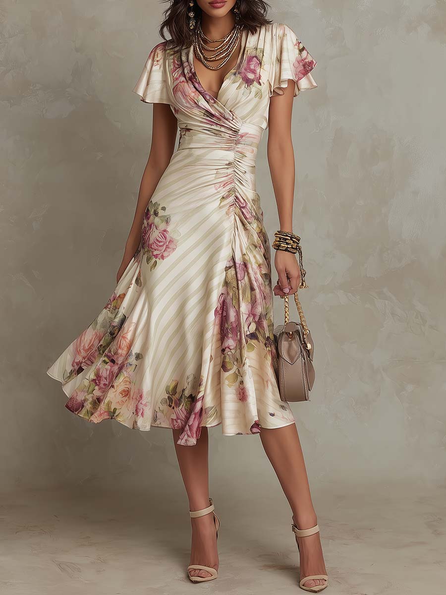 Neomi - Elegante Vestido Retro De Satén Con Estampado Floral