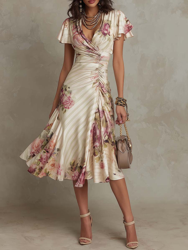 Neomi - Elegante Vestido Retro De Satén Con Estampado Floral