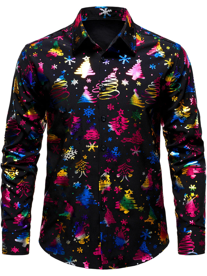 Barrett - Camisa negra de Manga Larga y corte recto para Hombre con Estampado Navideño Dorado