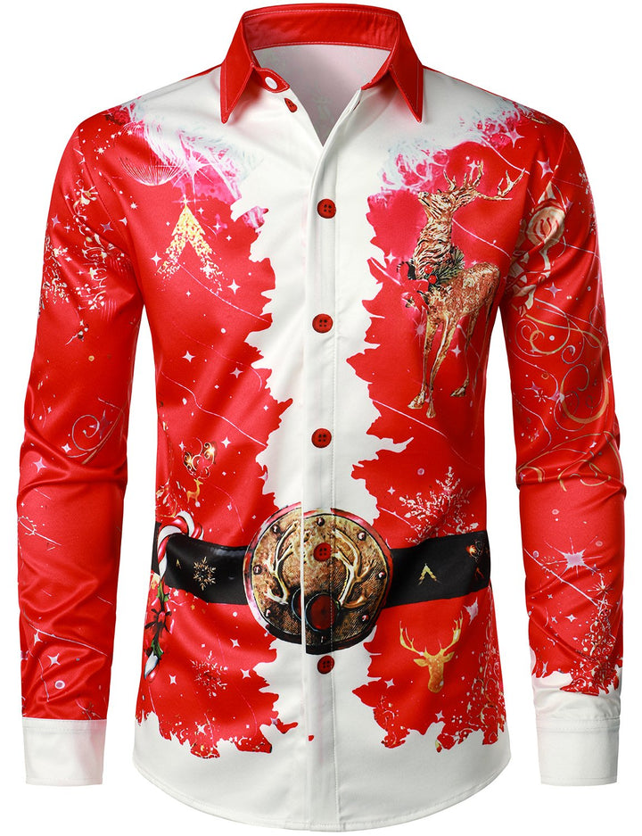 Beau - Camisa de Manga Larga con Botones y Estampado Navideño para Hombre, en color rojo