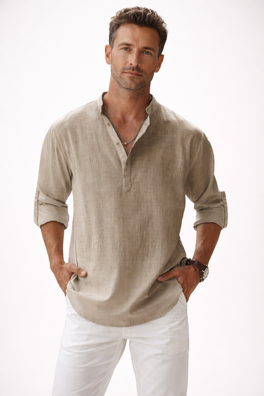 Galeazzo - Camisa De Algodón y Lino De Manga Larga