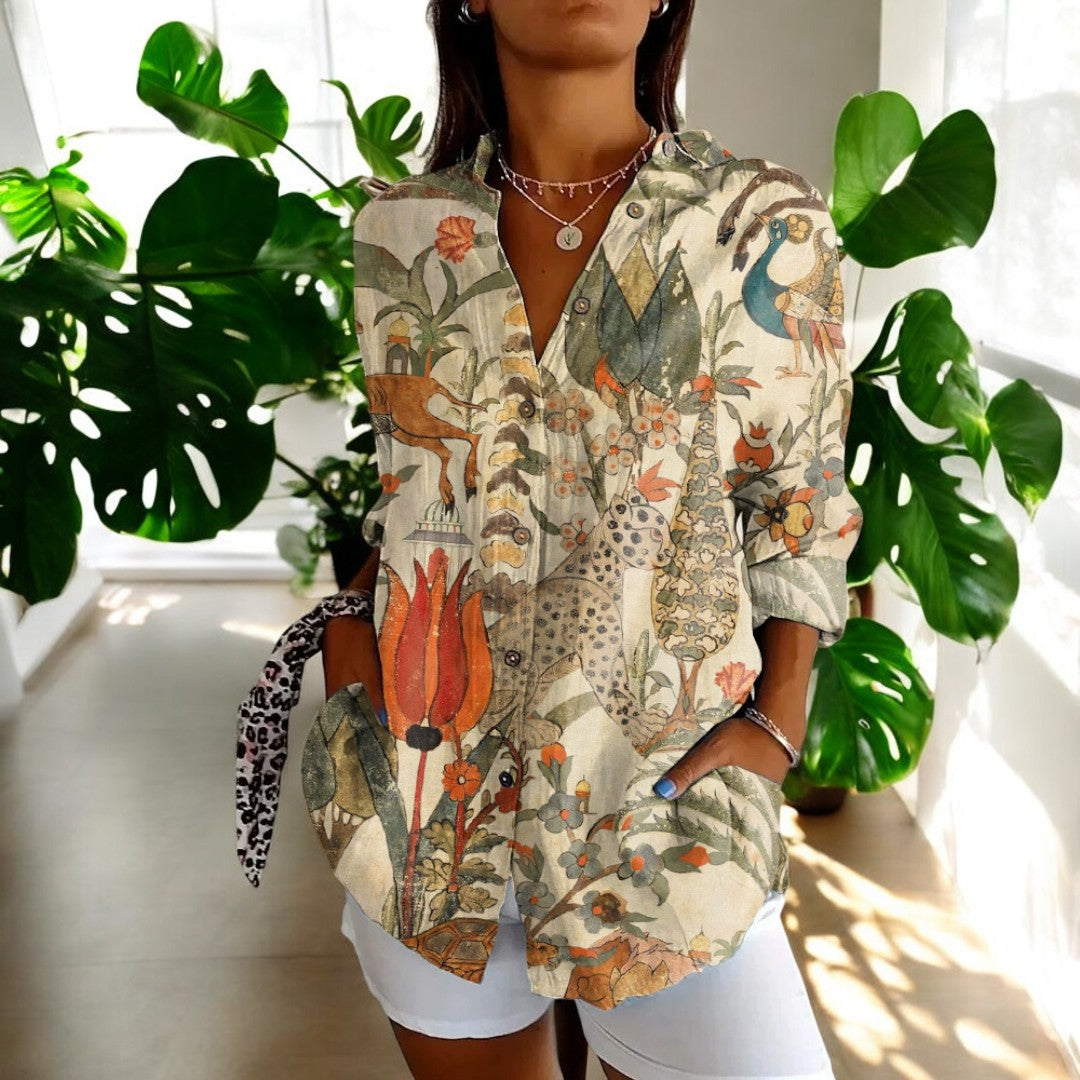 Elira - Camisa vintage de Manga Larga con Botones y Estampado Floral