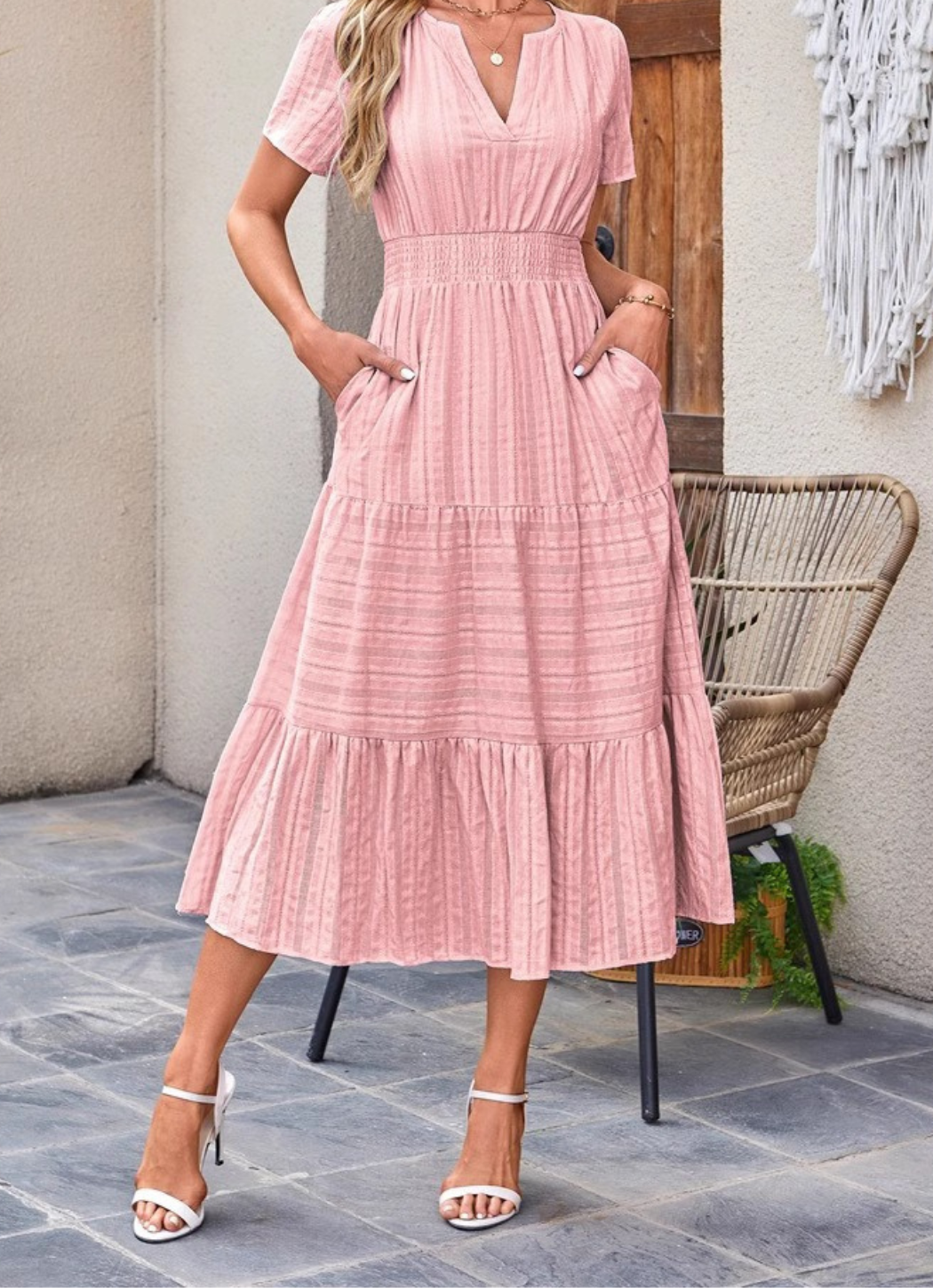 Jikina - Vestido Midi Con Cuello En V Escalonado y Bolsillos