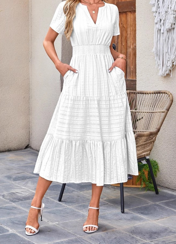 Jikina - Vestido Midi Con Cuello En V Escalonado y Bolsillos