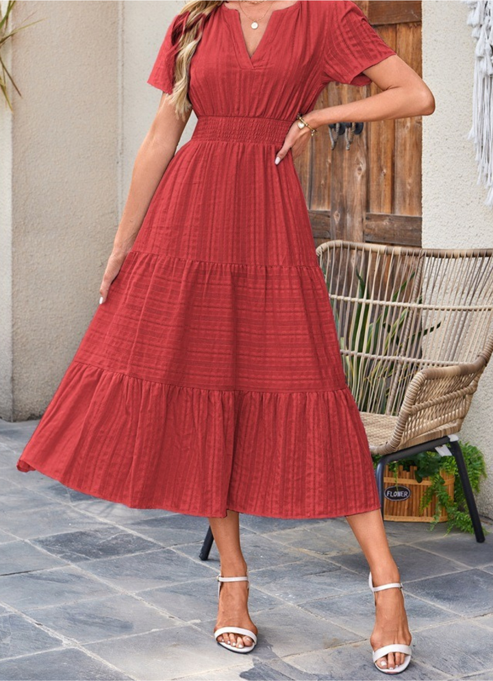Jikina - Vestido Midi Con Cuello En V Escalonado y Bolsillos