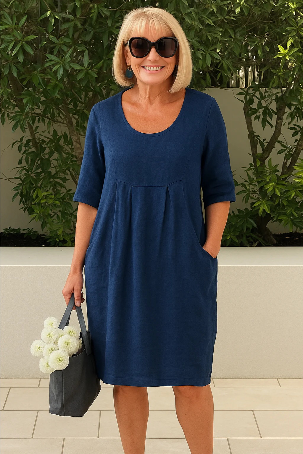 Lienaa - Vestido De Cuello Redondo Con Bolsillos
