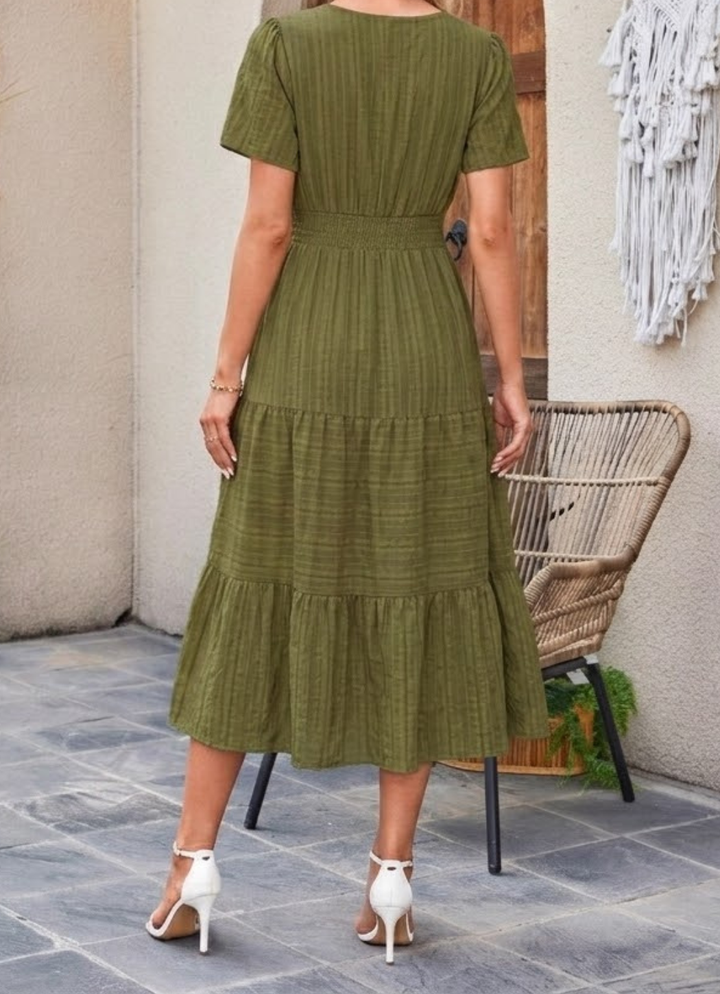 Jikina - Vestido Midi Con Cuello En V Escalonado y Bolsillos