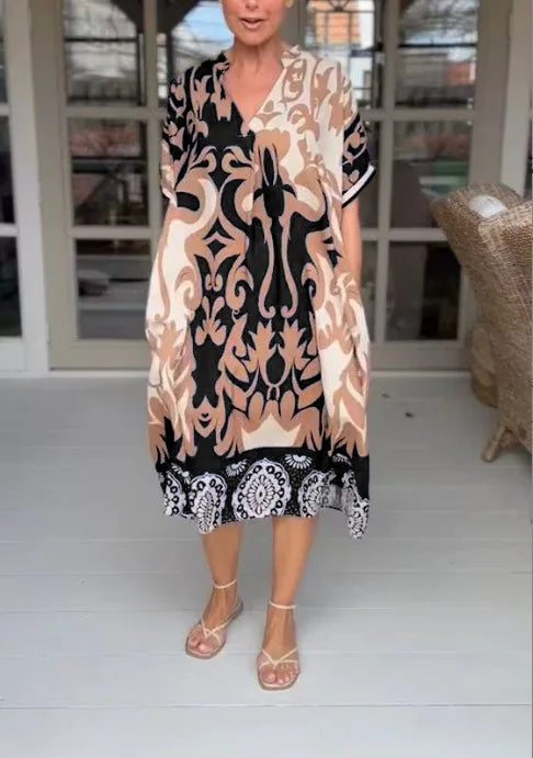 Rilana - Vestido Midi Con Cuello En V y Estampado Holgado