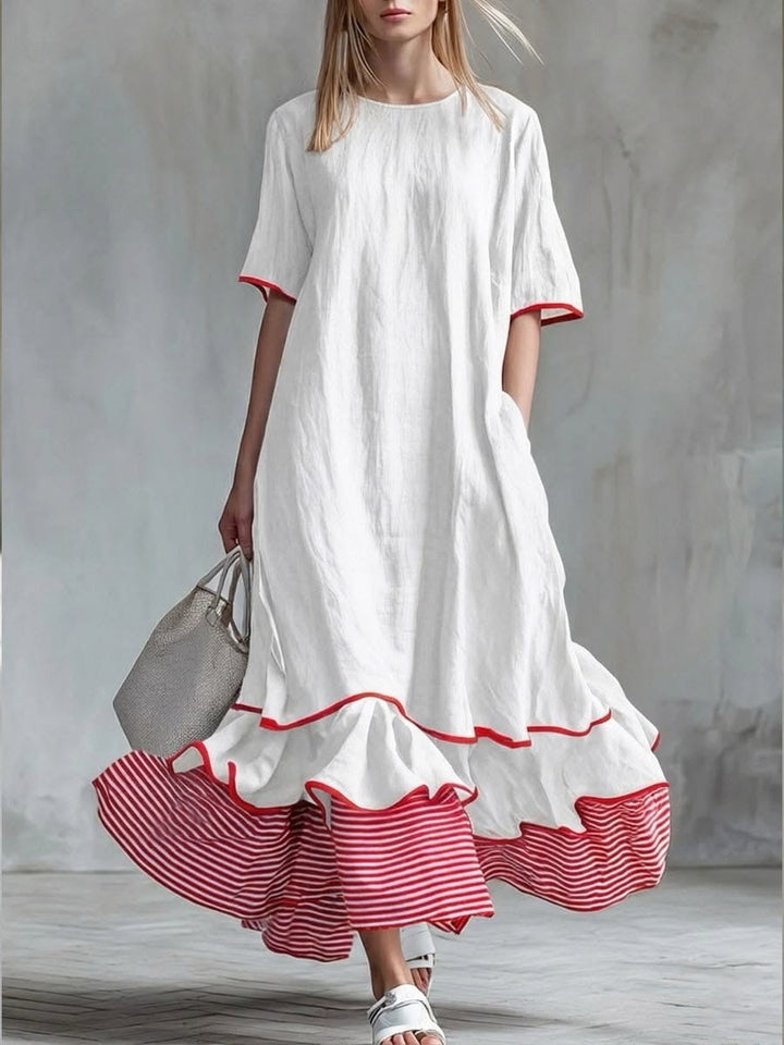 Behice - Vestido Largo Con Mangas Cortas Y Volantes a Rayas Rojas