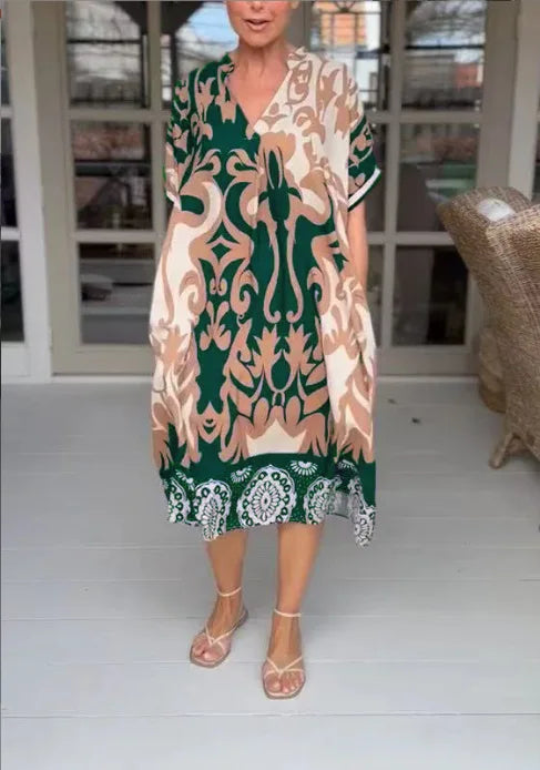 Rilana - Vestido Midi Con Cuello En V y Estampado Holgado
