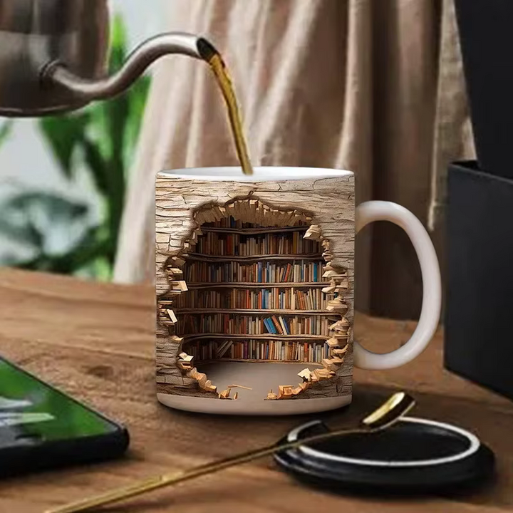 BookBrew - Taza con diseño de Biblioteca en 3D