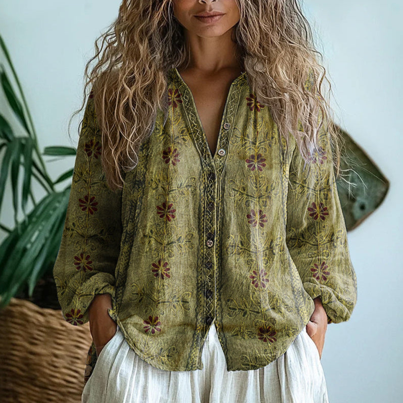 Ereinaa - Camisa Elegante Con Estampado Vintage De Hojas