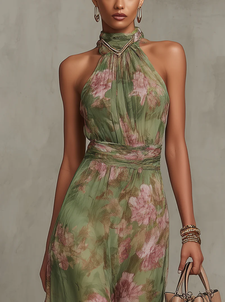 Livya - Elegante Vestido Largo con Cuello Halter y Estampado Floral