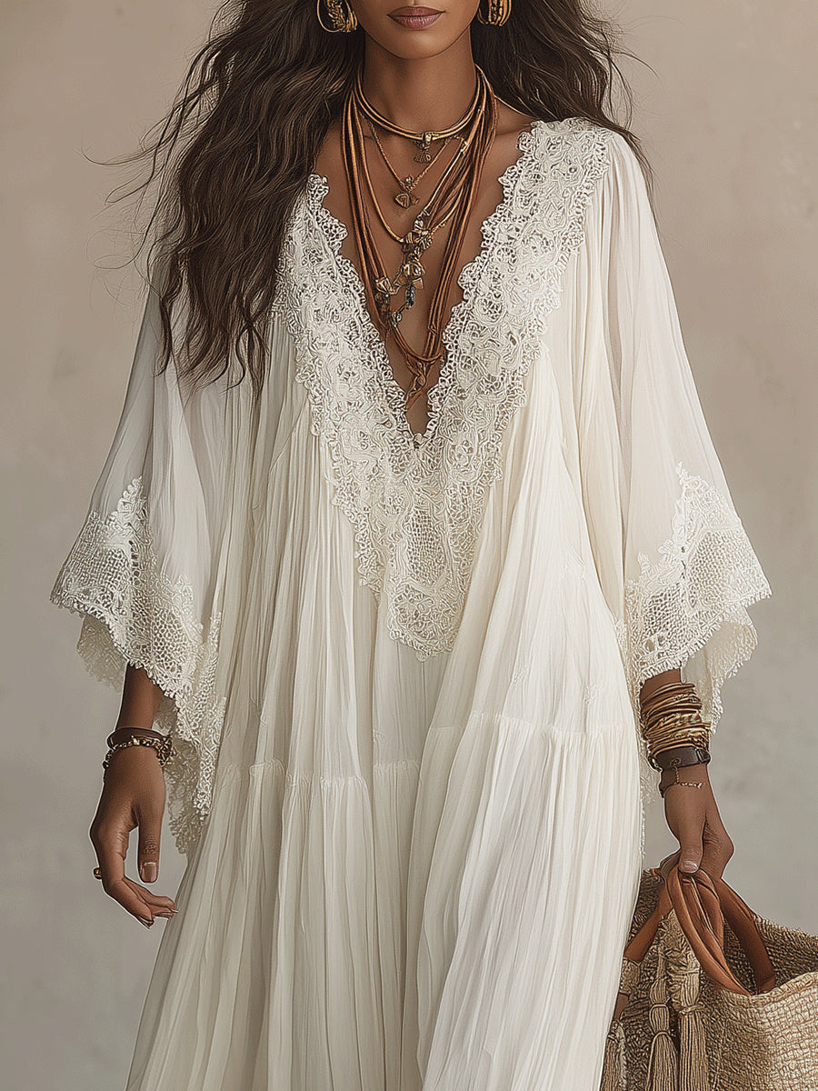 Shimmila - Vestido Largo De Gasa Con Mangas De Murciélago y Encaje
