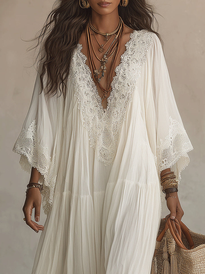 Shimmila - Vestido Largo De Gasa Con Mangas De Murciélago y Encaje