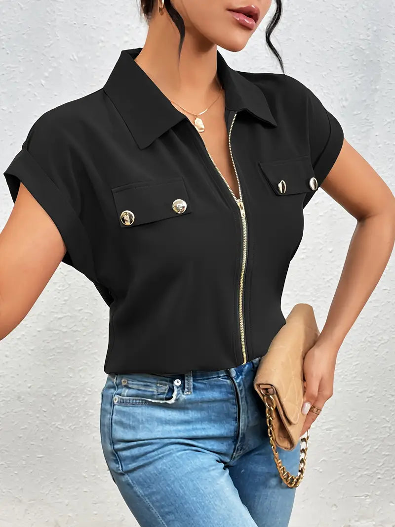 Alfano - Elegante Manga Corta Blusa Con Cremallera