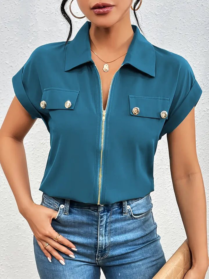 Alfano - Elegante Manga Corta Blusa Con Cremallera
