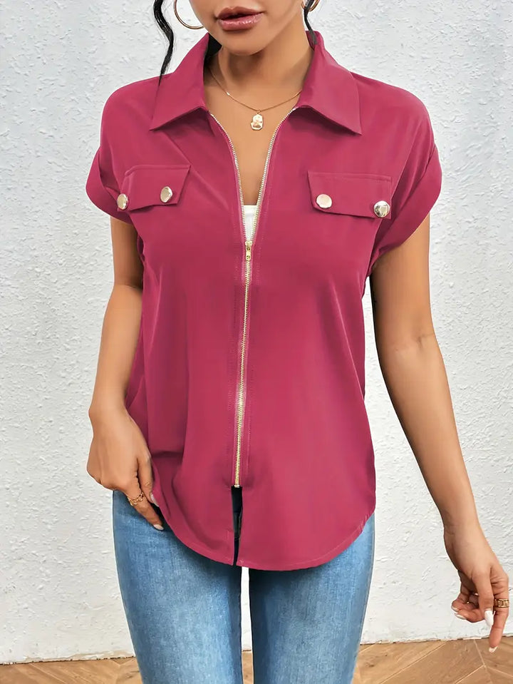 Alfano - Elegante Manga Corta Blusa Con Cremallera