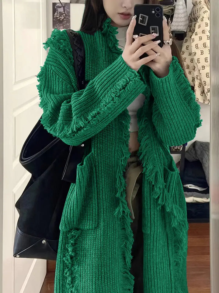 Ramziya - Elegante Borla Larga Cárdigan Con Bolsillo