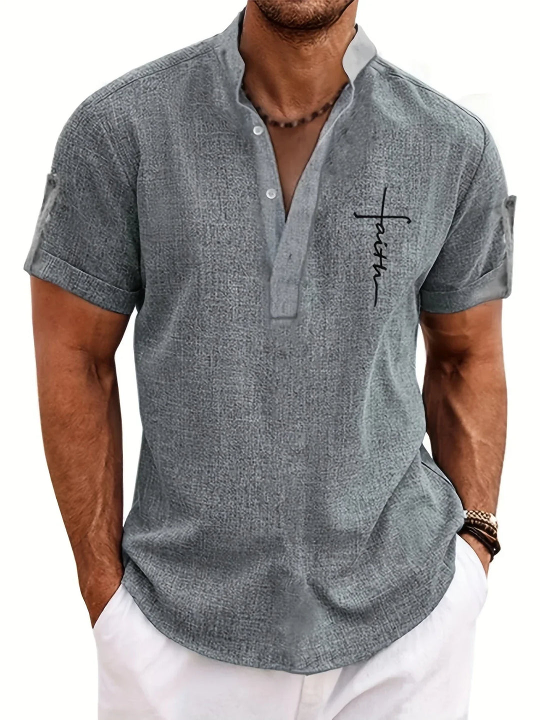 Elliott - Elegante Manga Corta Camisa Con Cuello Alto