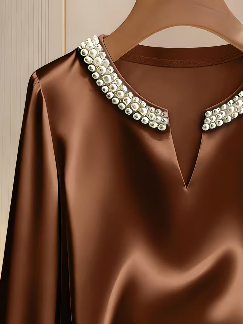 Avinaya - Elegante Camisa de Manga Larga Con Cuello Redondo y Perlas