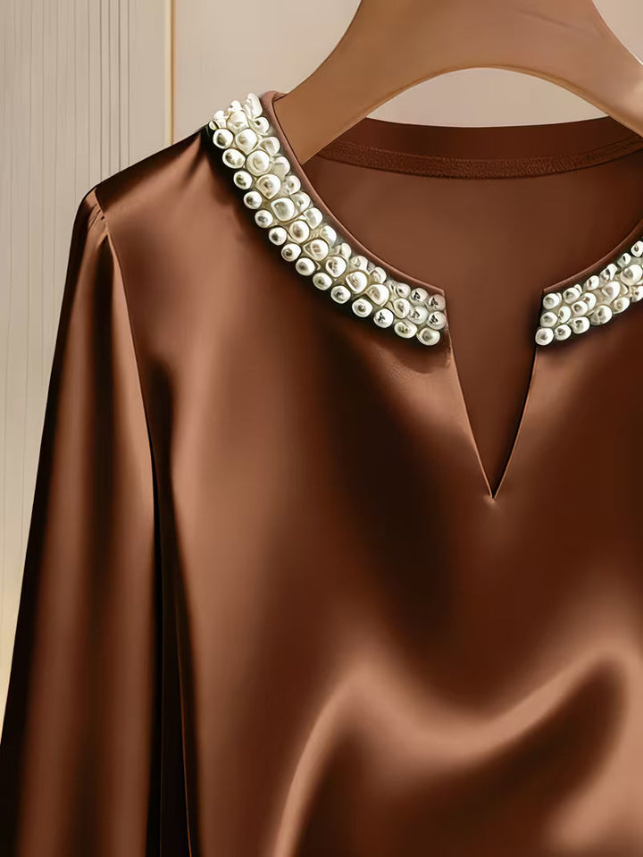 Avinaya - Elegante Camisa de Manga Larga Con Cuello Redondo y Perlas