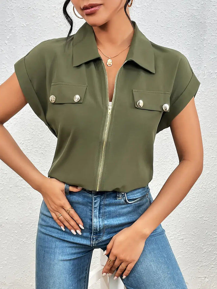 Alfano - Elegante Manga Corta Blusa Con Cremallera