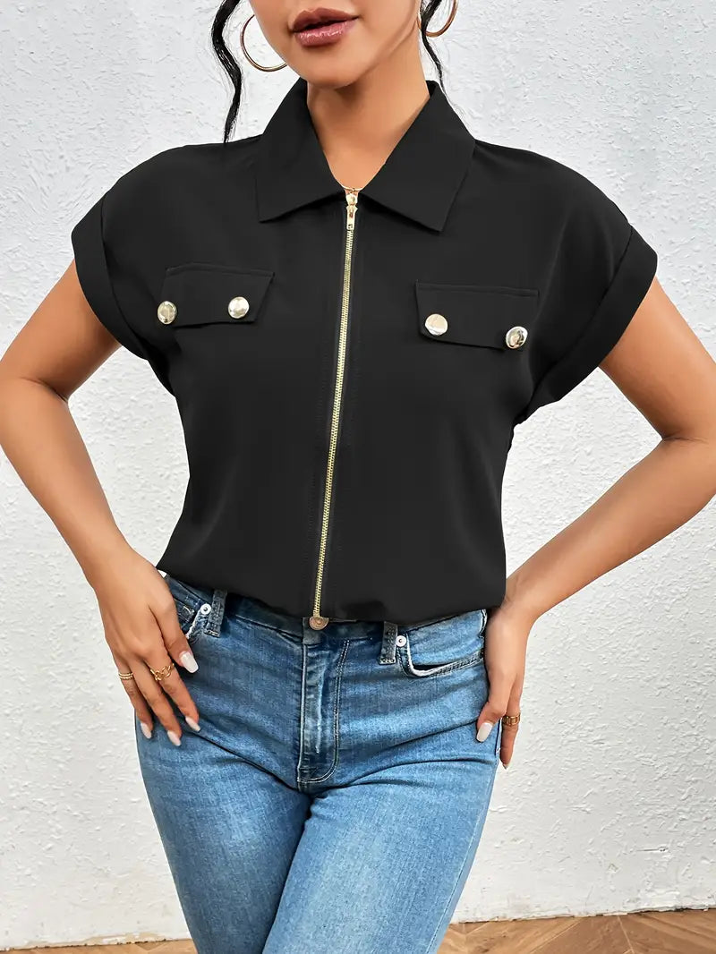Alfano - Elegante Manga Corta Blusa Con Cremallera