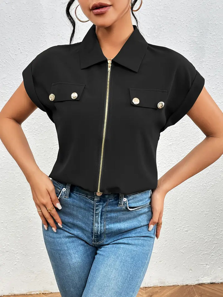 Alfano - Elegante Manga Corta Blusa Con Cremallera