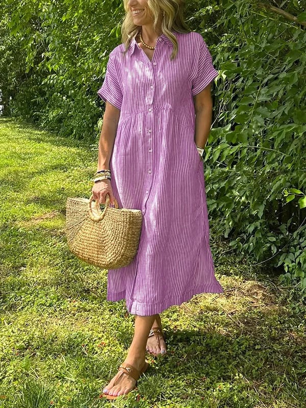 Alory - Cómodo Vestido Midi a Rayas Con Botones