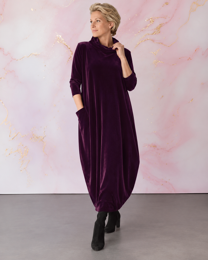 Lellina - Vestido Largo Holgado De Terciopelo Con Cuello Alto