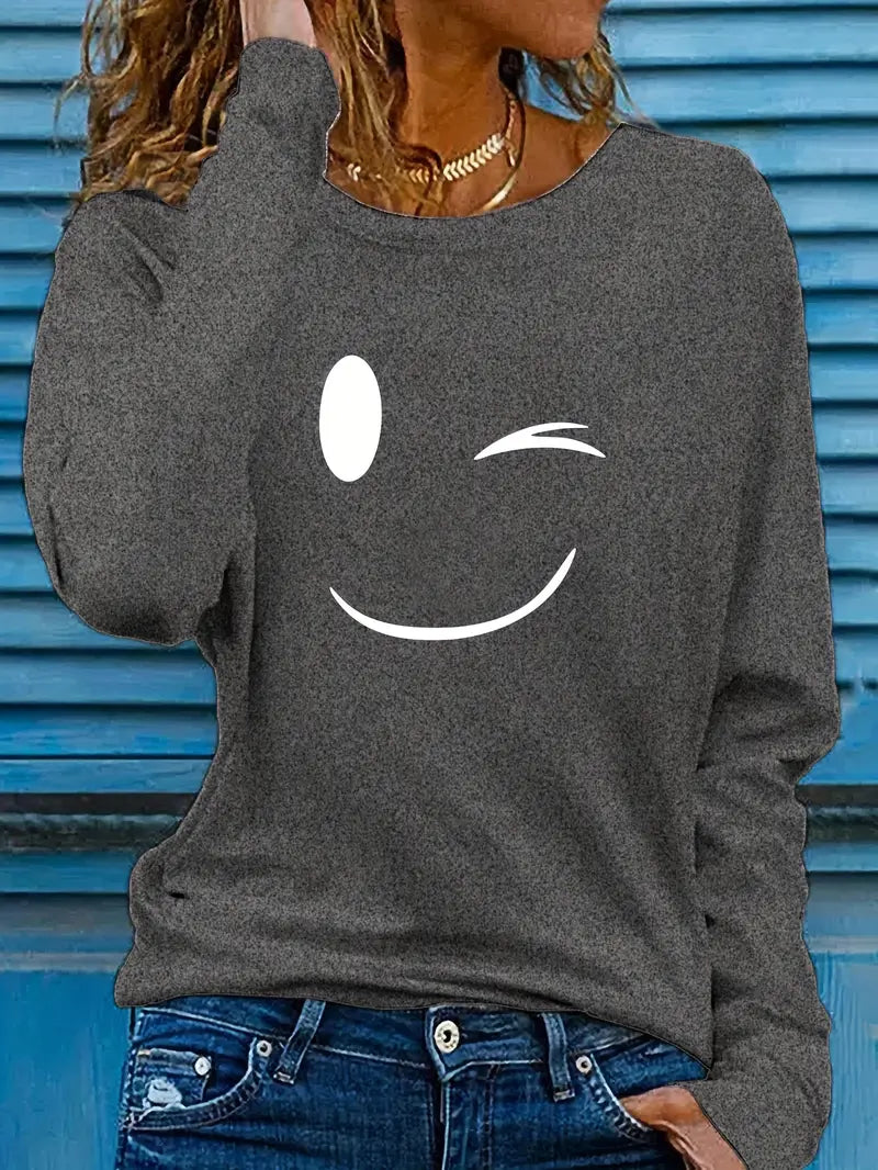 Odalina - Camiseta Informal Con Estampado Sonriente Guiño