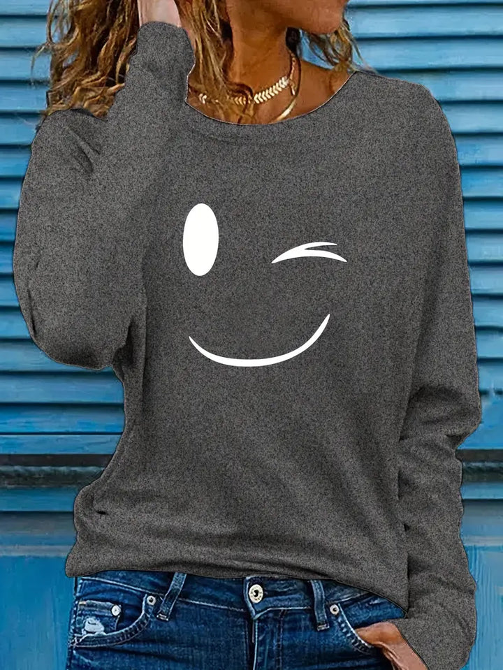 Odalina - Camiseta Informal Con Estampado Sonriente Guiño