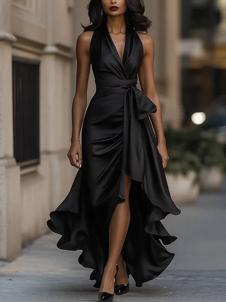 Sharipova - Elegante Vestido Sin Tirantes Con Volantes De Satén
