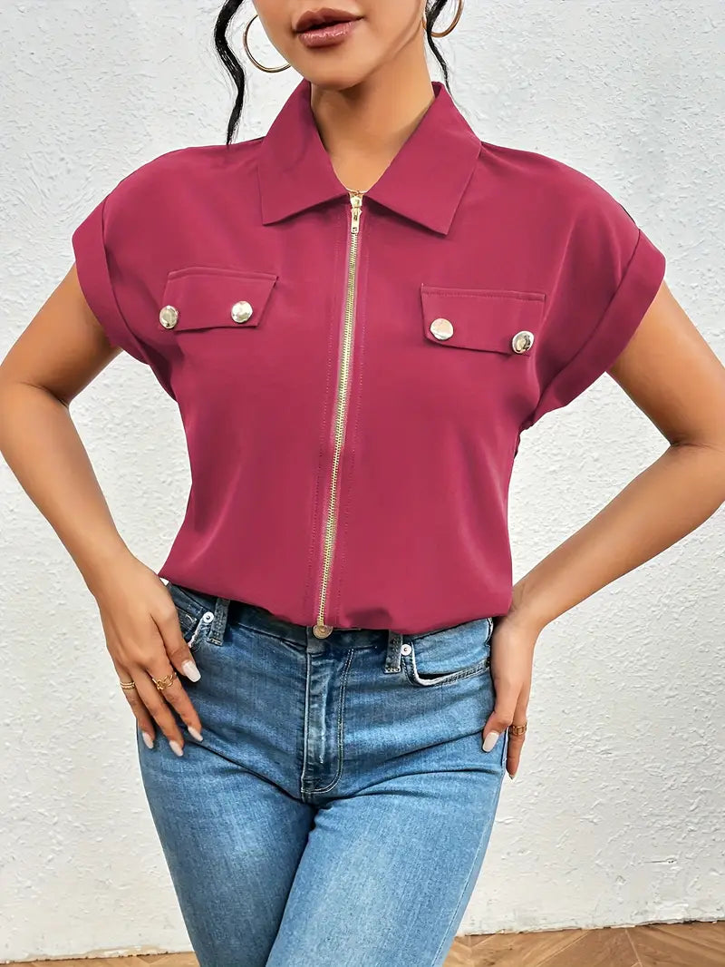 Alfano - Elegante Manga Corta Blusa Con Cremallera