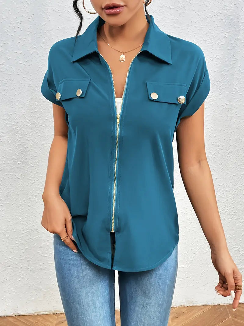 Alfano - Elegante Manga Corta Blusa Con Cremallera