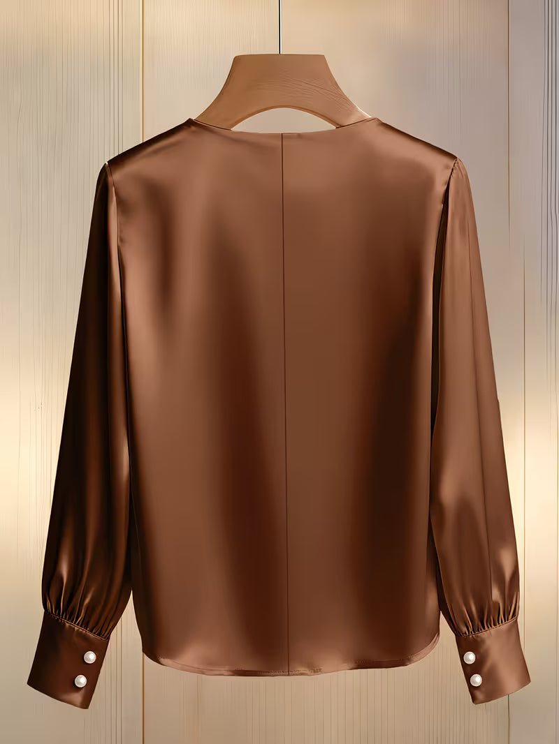 Avinaya - Elegante Camisa de Manga Larga Con Cuello Redondo y Perlas