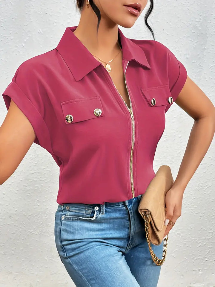 Alfano - Elegante Manga Corta Blusa Con Cremallera
