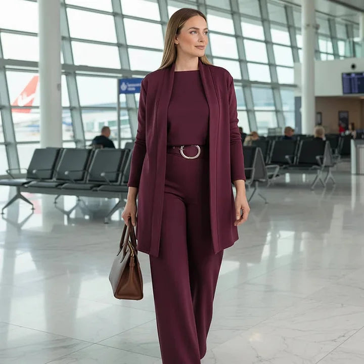 Zivara - Elegante Conjunto de 3 Piezas Con Cárdigan Largo Top y Pantalón
