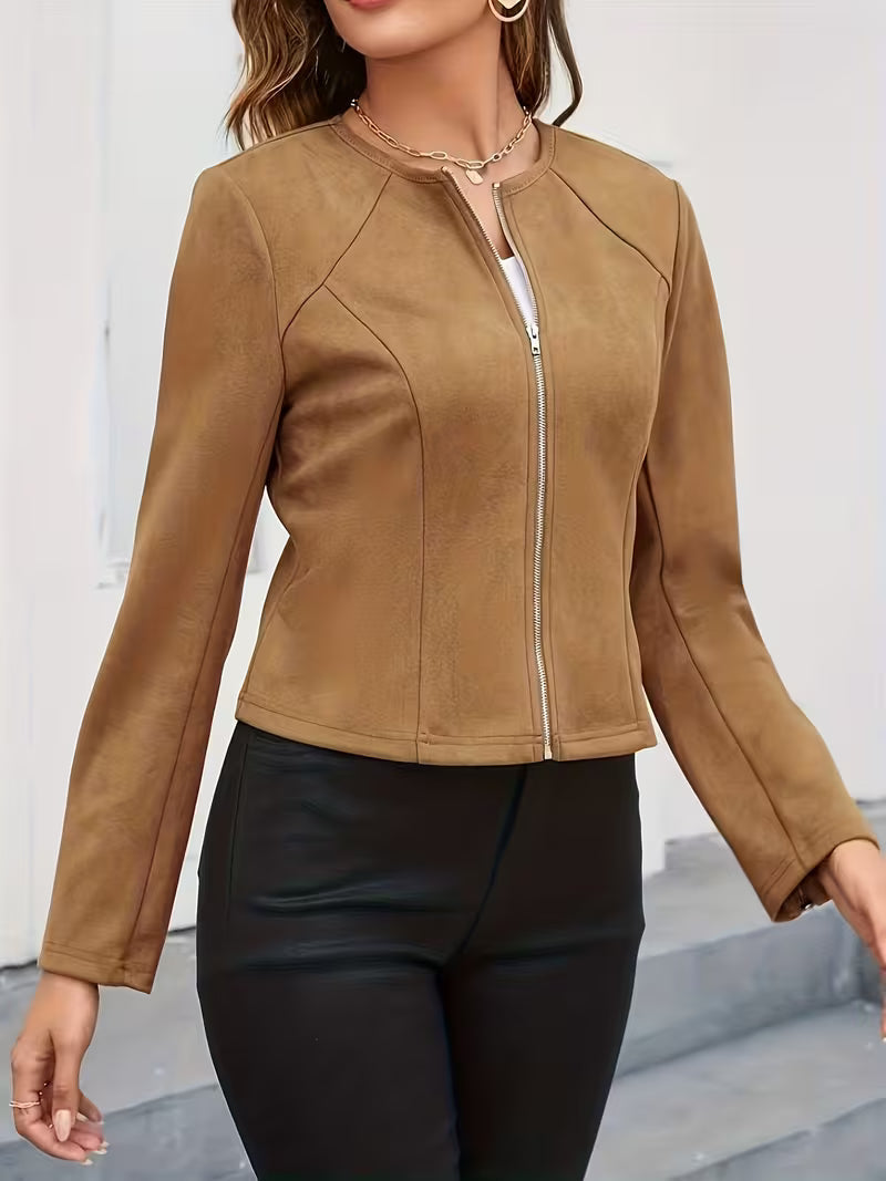 Eria - Chaqueta De Ante Con Cuello Redondo Y Cremallera