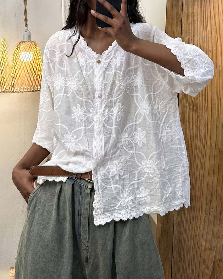 Guinwa - Blusa De Encaje Con Mangas Tres Cuartos