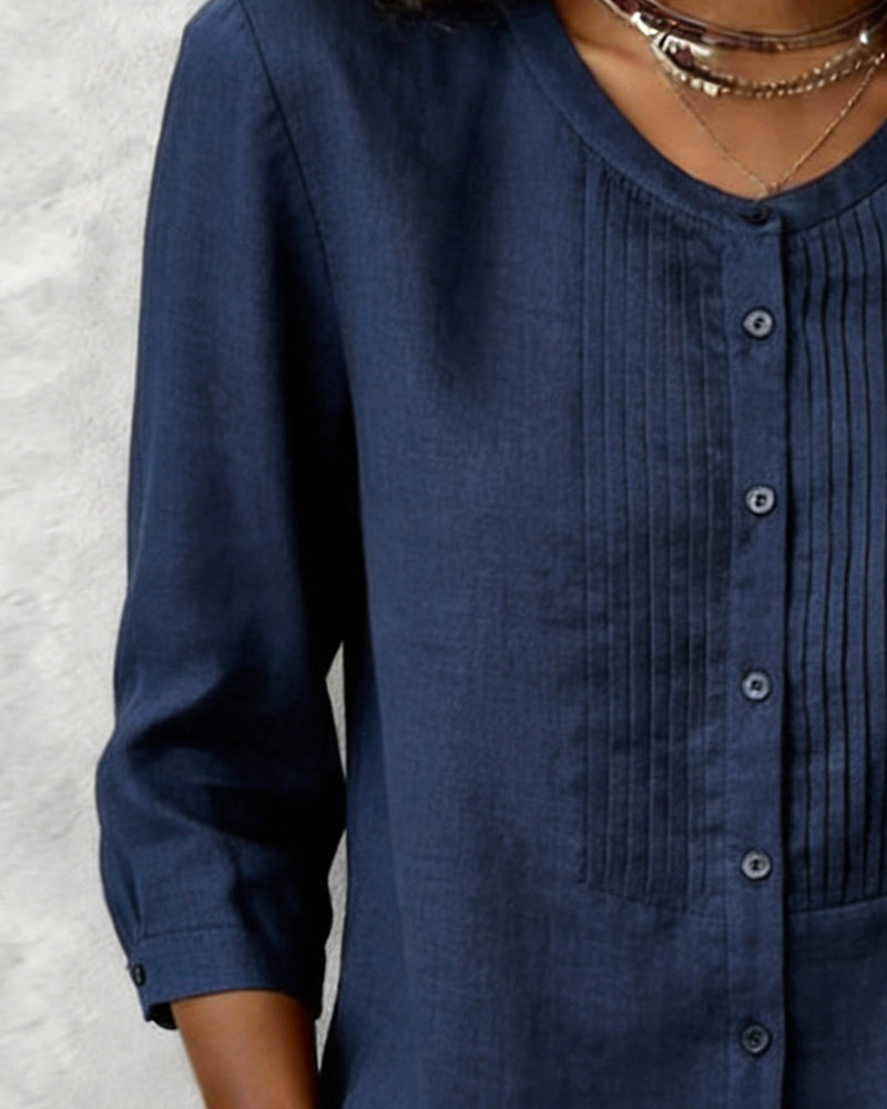 Itsasne - Camisa De Algodón Con Botones y Mangas Tres Cuartos
