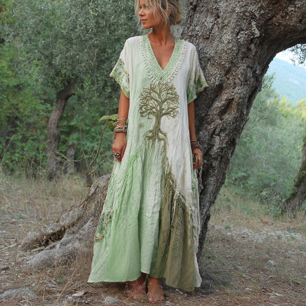 Winifred - Vestido De Manga Corta Con Estampado De Arboles Retro