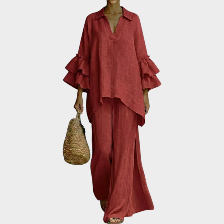 Fien - Elegante Top De Lino Y Pantalón Holgado De Pierna Ancha