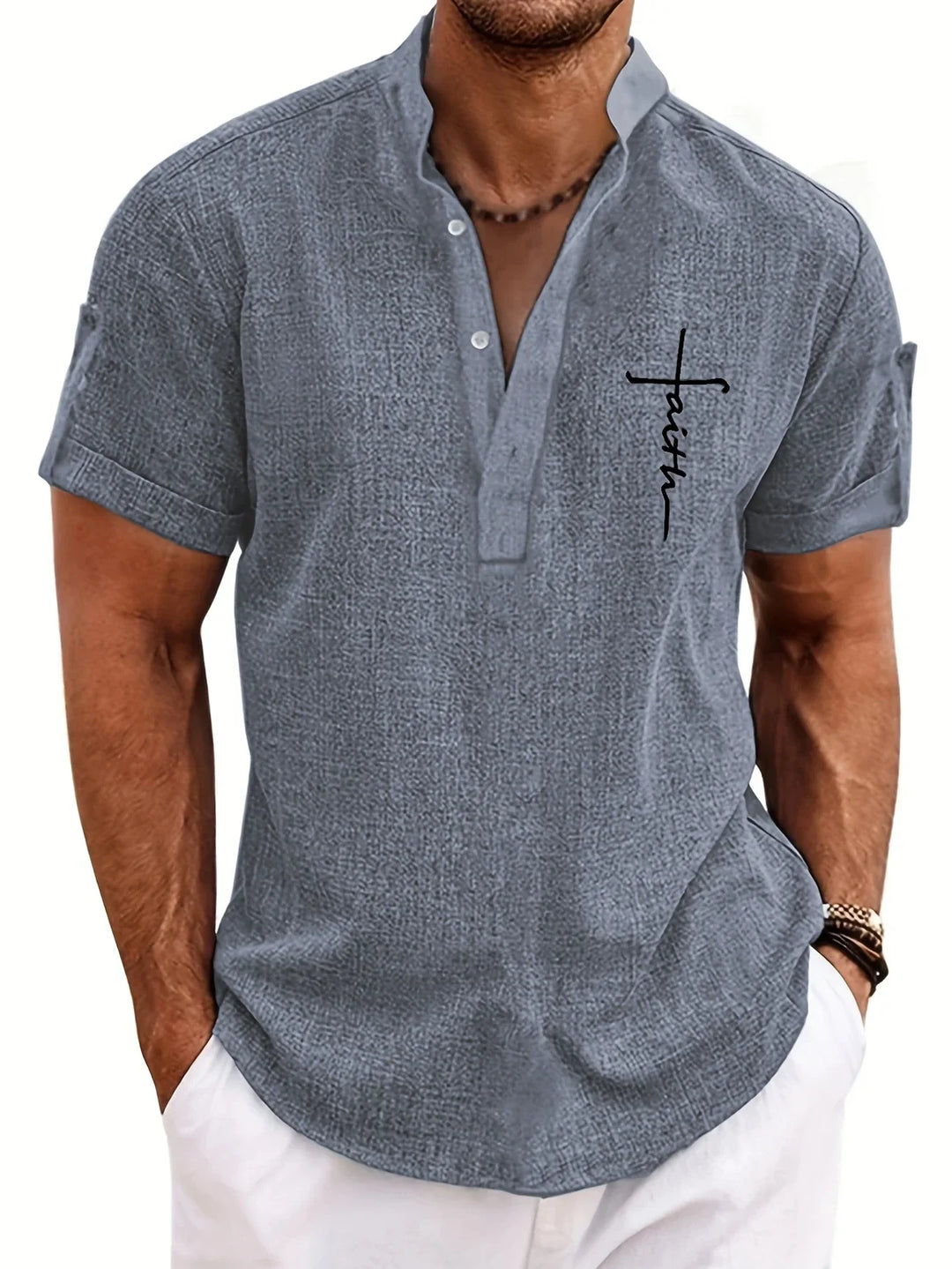 Elliott - Elegante Manga Corta Camisa Con Cuello Alto
