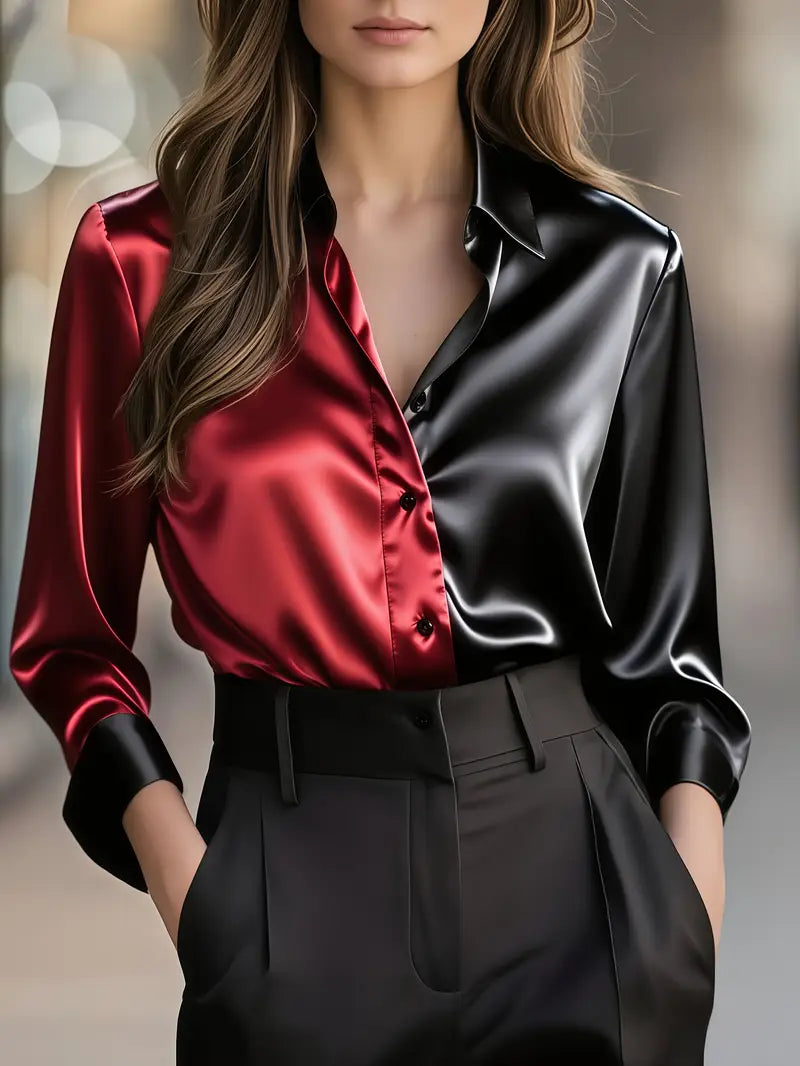 Zillah - Elegante Camisa De Satén Con Contraste Para Ir Al Trabajo